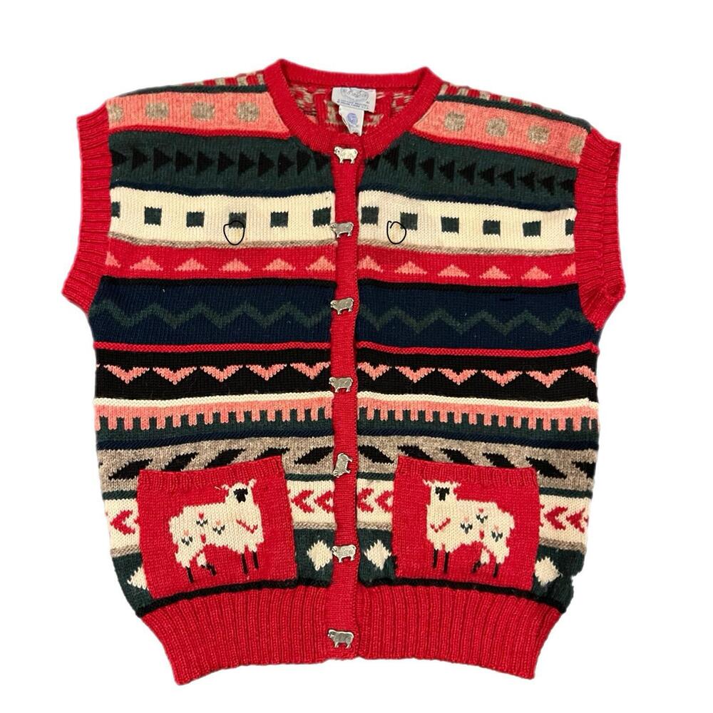 Blueberry Woolens‎ Sweater Vest Red Multi Sheep Fair Isle Vintage 1986 Small